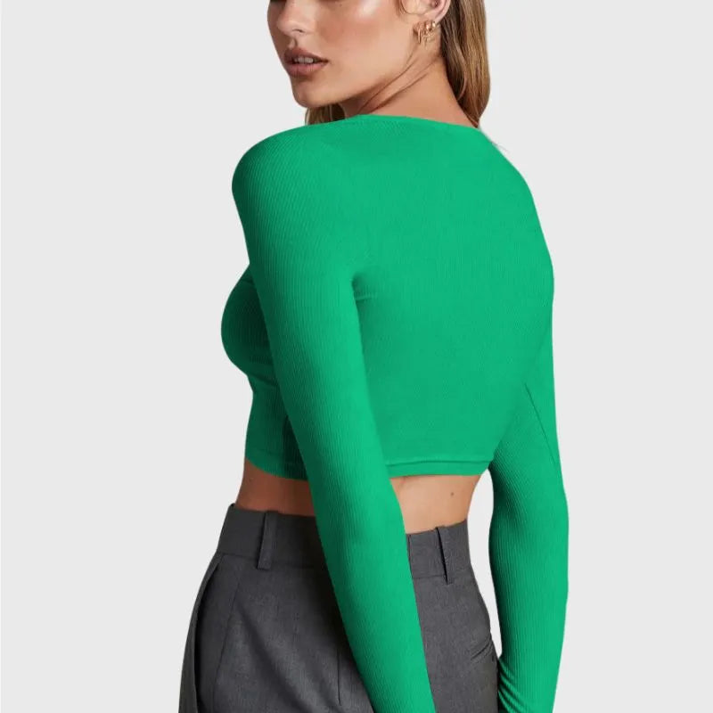 Green Button Up Crop Top Long Sleeve 