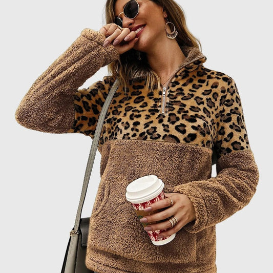 Quarter-Zip Sherpa Pullover Fuzzy Fleece Sweater in Kakh