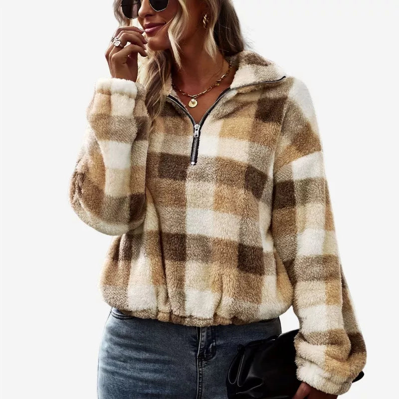 Quarter Zip Sherpa Jacket Cropped Plaid Fluffy Soft Fleece Sweater