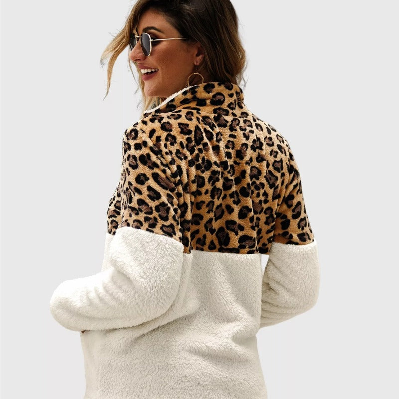 Quarter-Zip Sherpa Pullover Fuzzy Fleece Sweater in White X Leopard