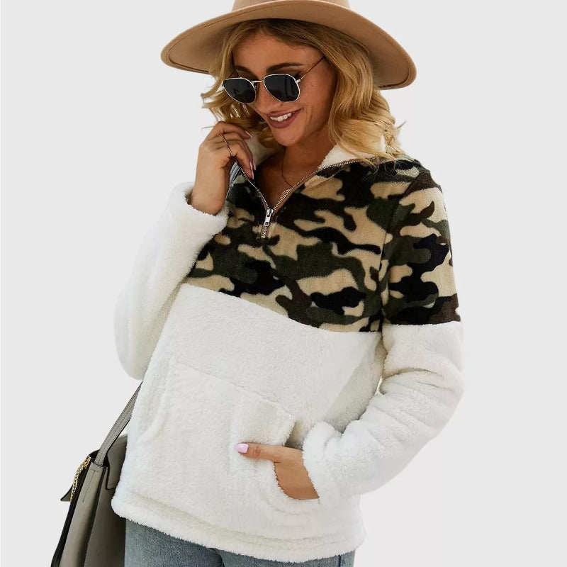 Quarter-Zip Sherpa Pullover Fuzzy Fleece Sweater in White X Leopard