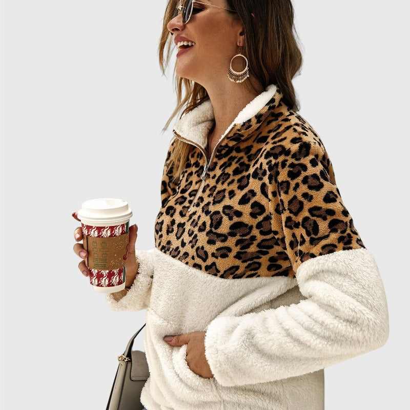 Quarter-Zip Sherpa Pullover Fuzzy Fleece Sweater in White X Leopard