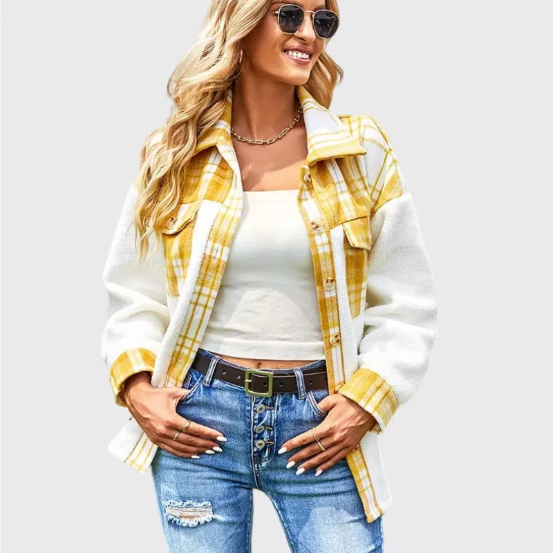 Sherpa Shirt Jacket Yellow Checker Button Closure Boyfriend Style Warm Fleece