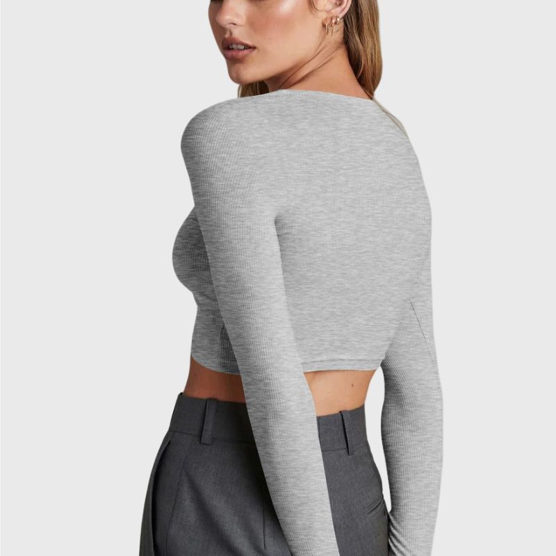 V Neck Crop Top Long Sleeve Button Up