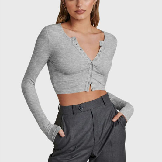 V Neck Crop Top Long Sleeve Button Up