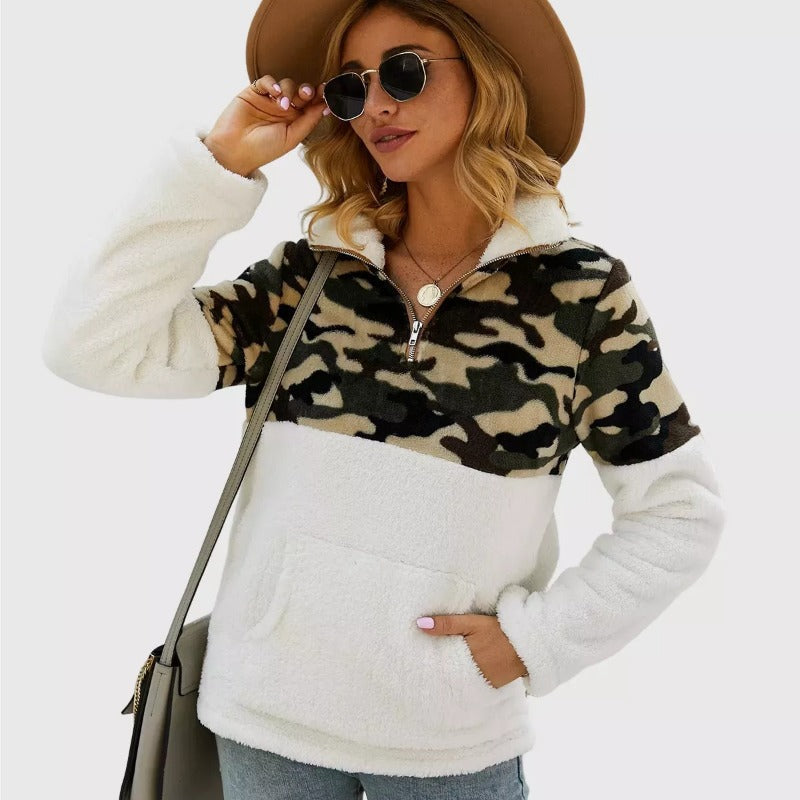 Quarter-Zip Sherpa Pullover Fuzzy Fleece Sweater in White X Leopard