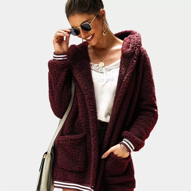 Zip Up Long Sherpa Jacket With Hood Fluffy Fleece in Wine Red