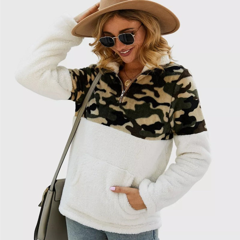 Quarter-Zip Sherpa Pullover Fuzzy Fleece Sweater in White