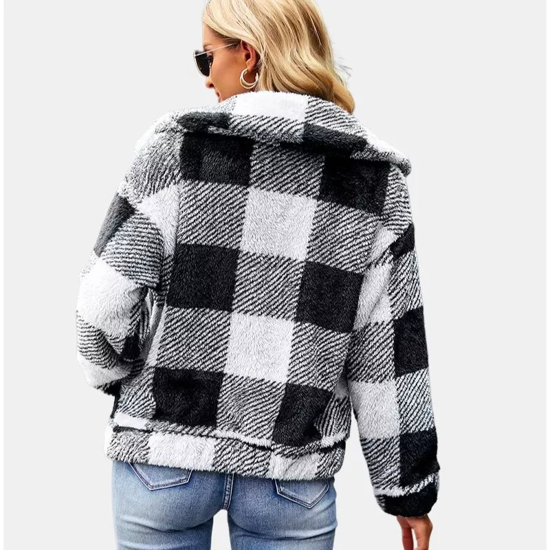 Black Checker Sherpa Jacket Full Zip Fluffy Soft Fleece